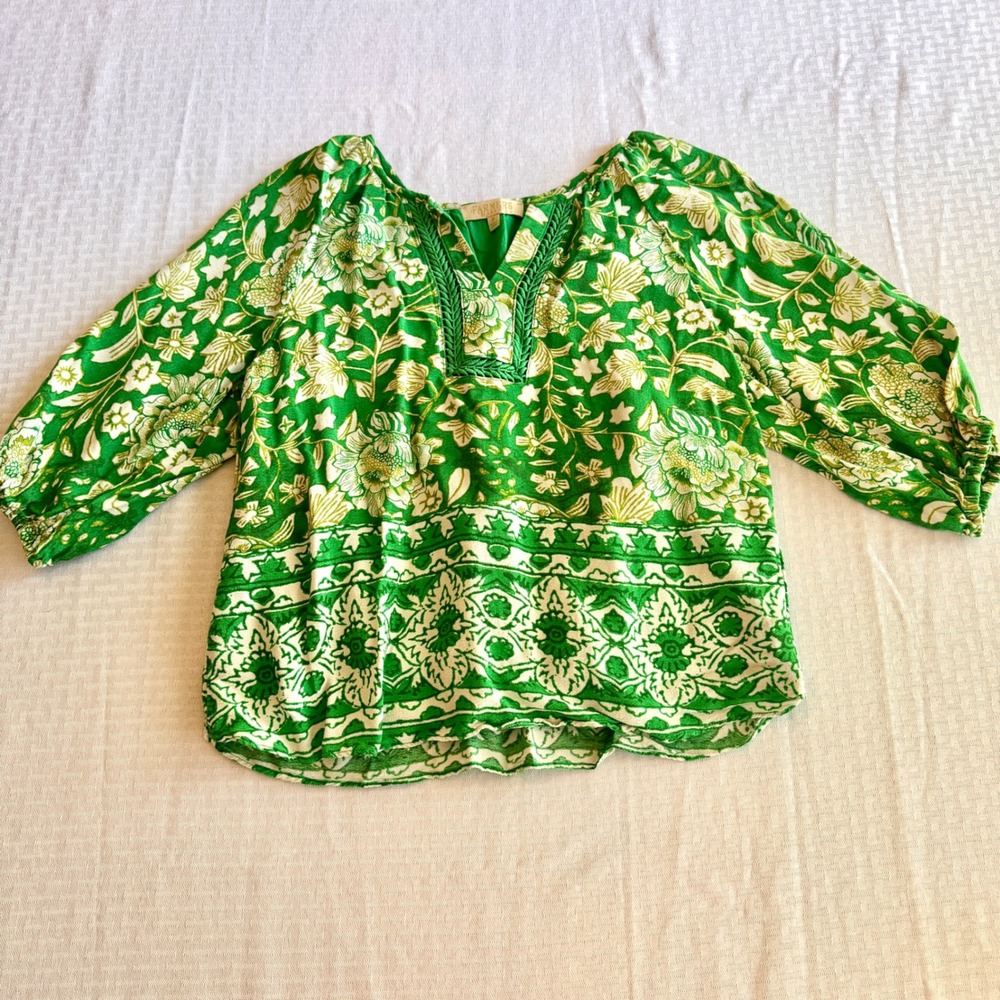 Farmers Market Green Floral Boho Peasant Blouse Braided V-Neck Small FM1135VMCP
